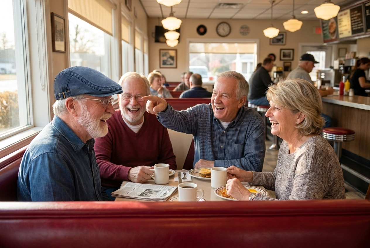 Richard laughing with three friends at the diner while one points at his cap