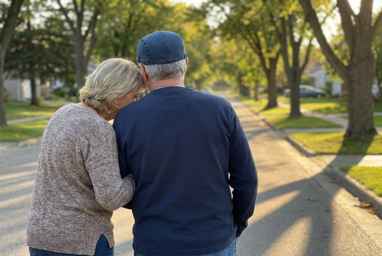 Richard and his wife walking arm in arm at golden hour, him wearing the flat cap