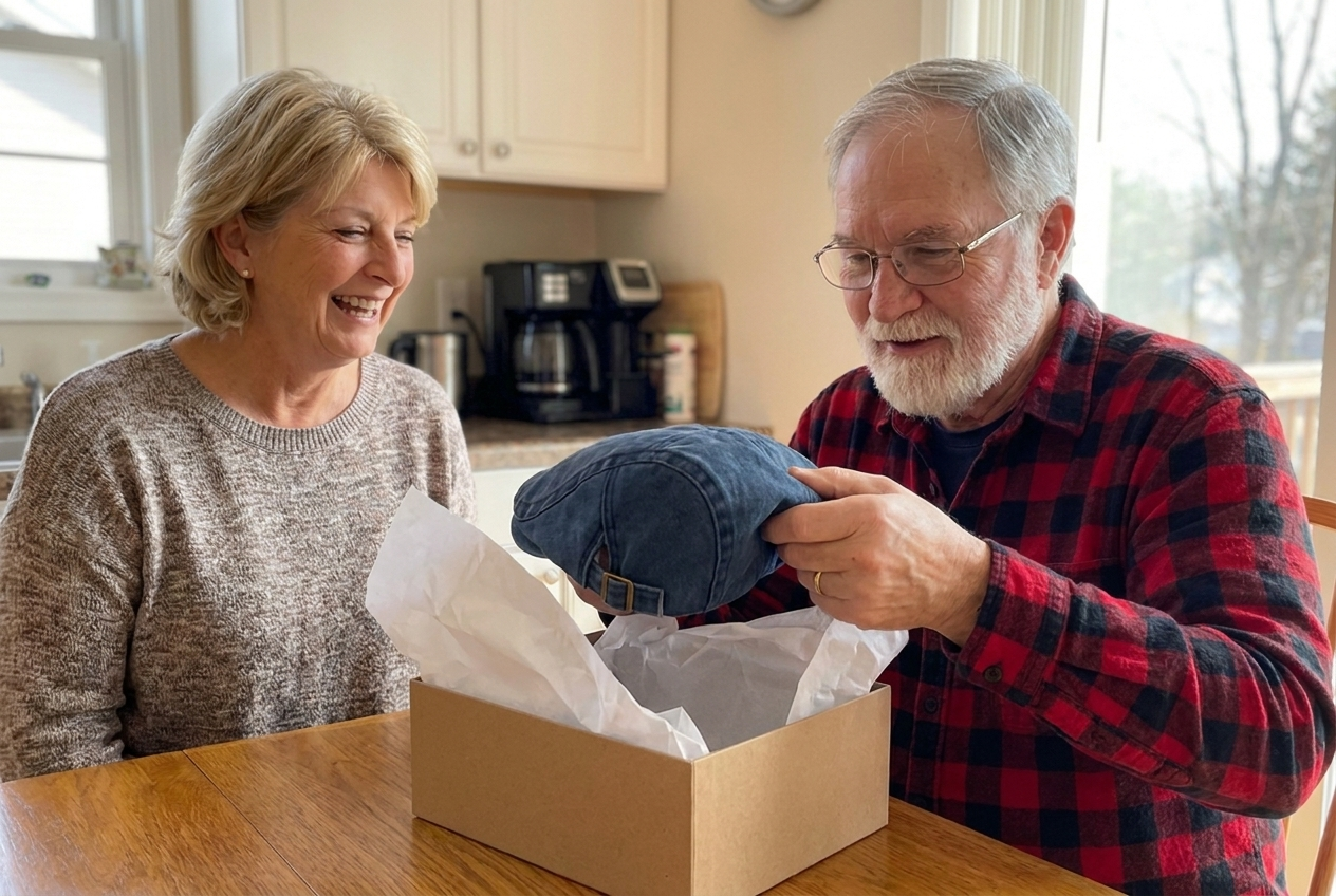 Richard lifting the denim flat cap out of the gift box while his wife laughs