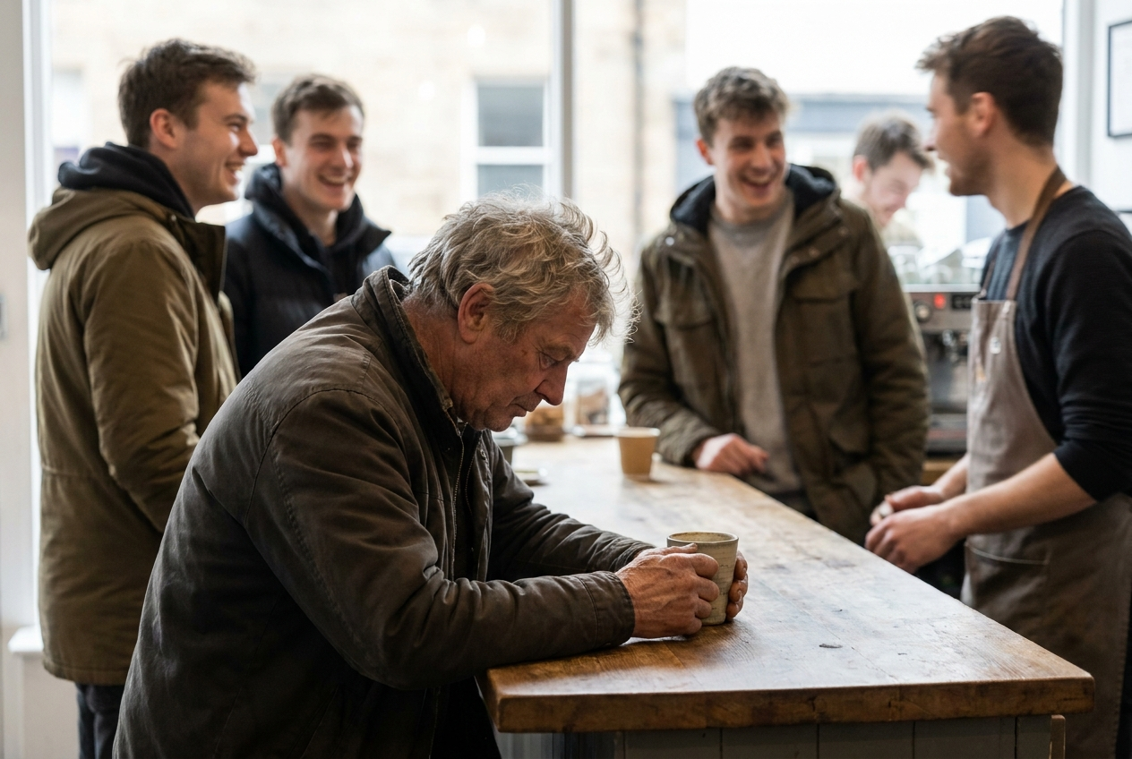 An older man sits alone at the end of a busy café counter while younger customers talk around him