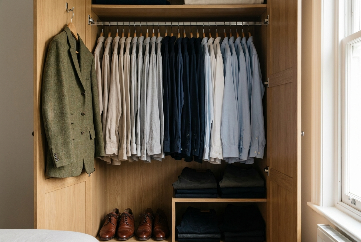 A wardrobe rail of near-identical muted shirts and trousers