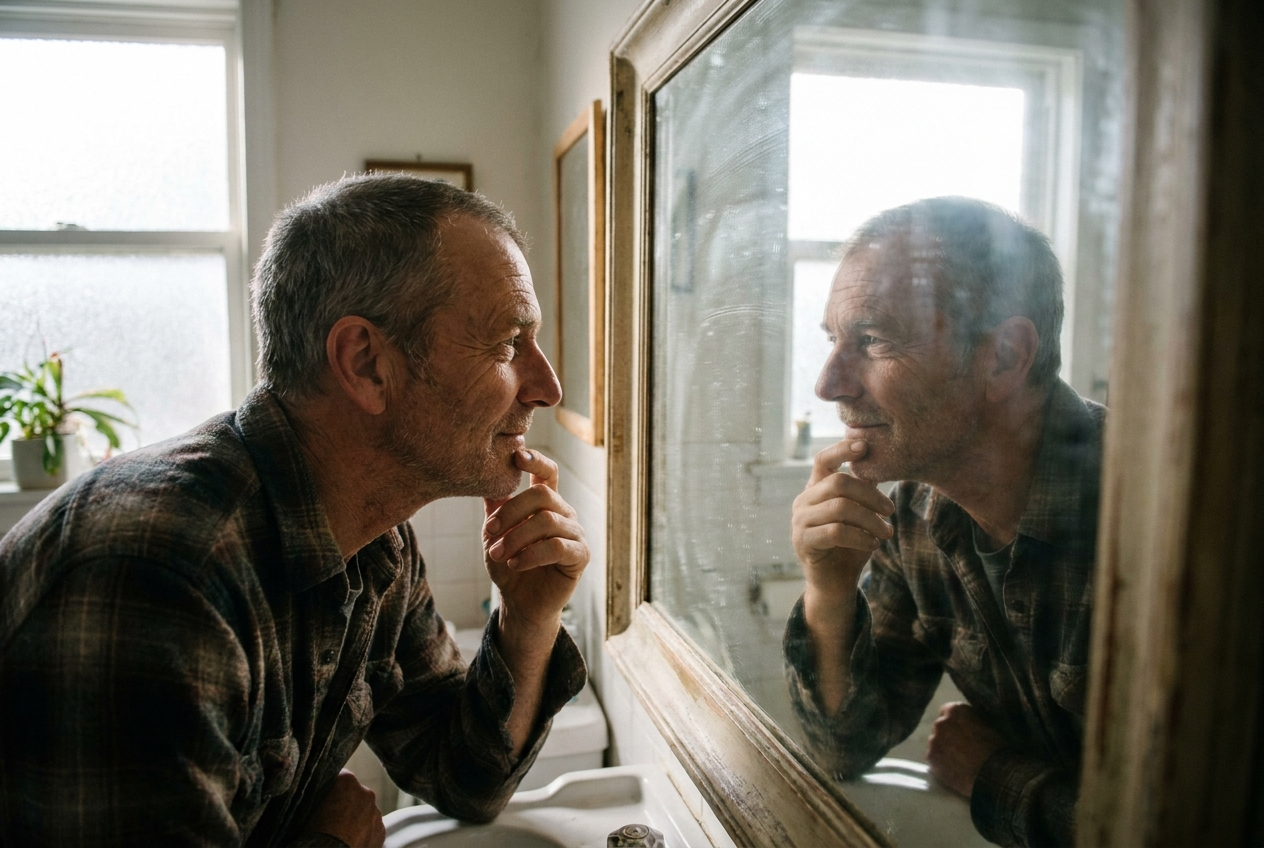 A man in his sixties studying his own reflection in a bathroom mirror in morning light