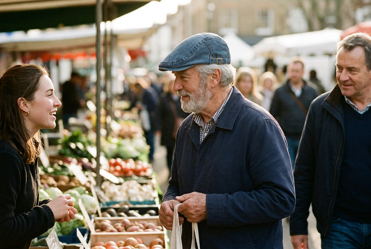 A man in his sixties wearing the Denim Vintage Cap being spoken to warmly by a market stallholder