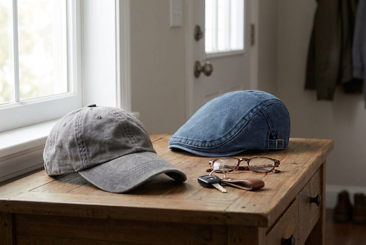 An old faded baseball cap and the Denim Vintage Cap side by side on a hallway table