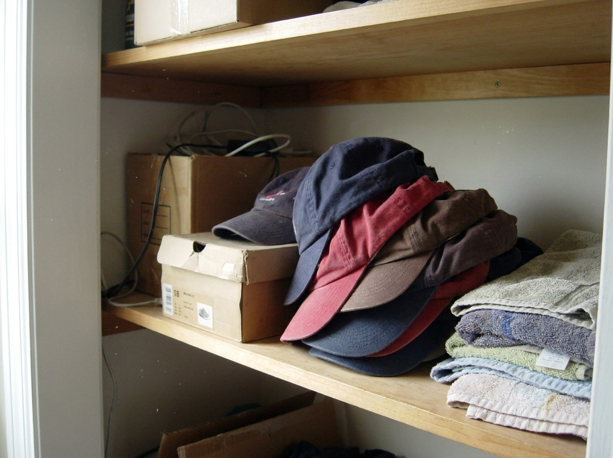 Closet shelf of old baseball caps