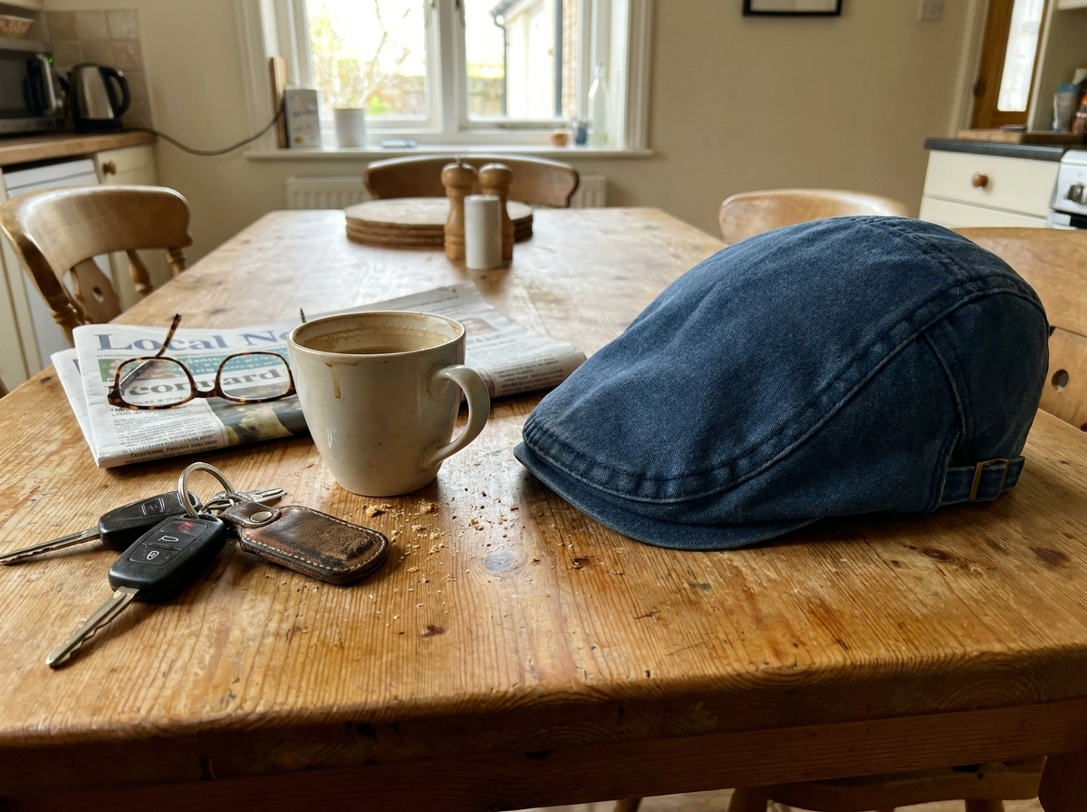 The cap on the kitchen table with keys and coffee