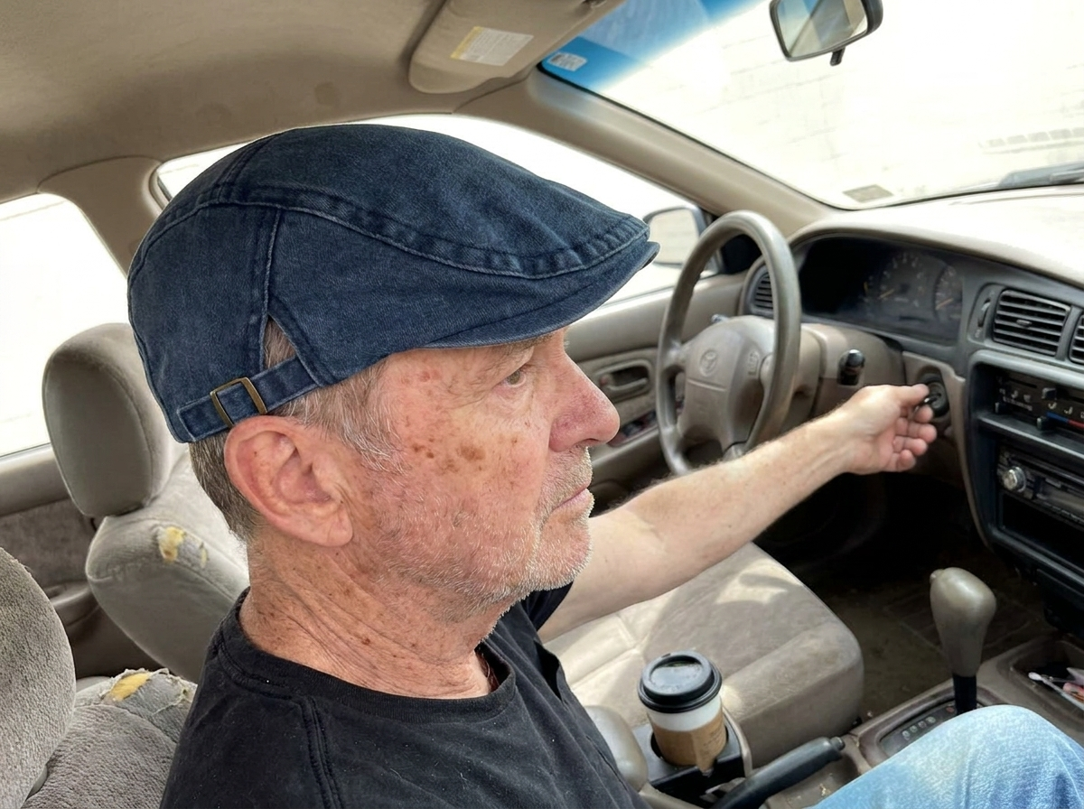 Getting into the car wearing the cap
