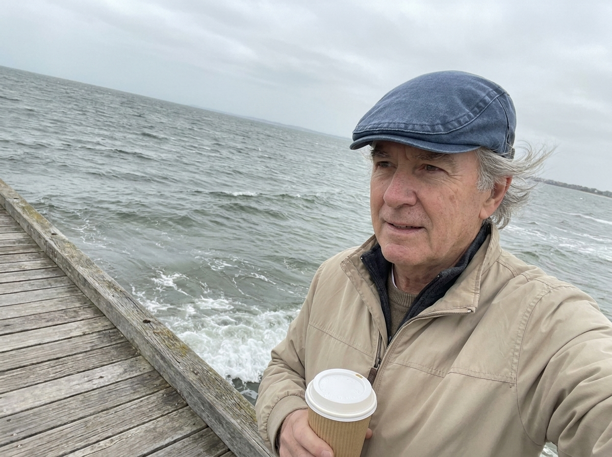 On a windy jetty holding a coffee