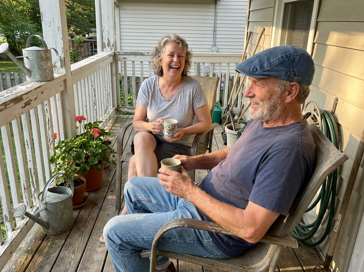 On the back porch with his wife