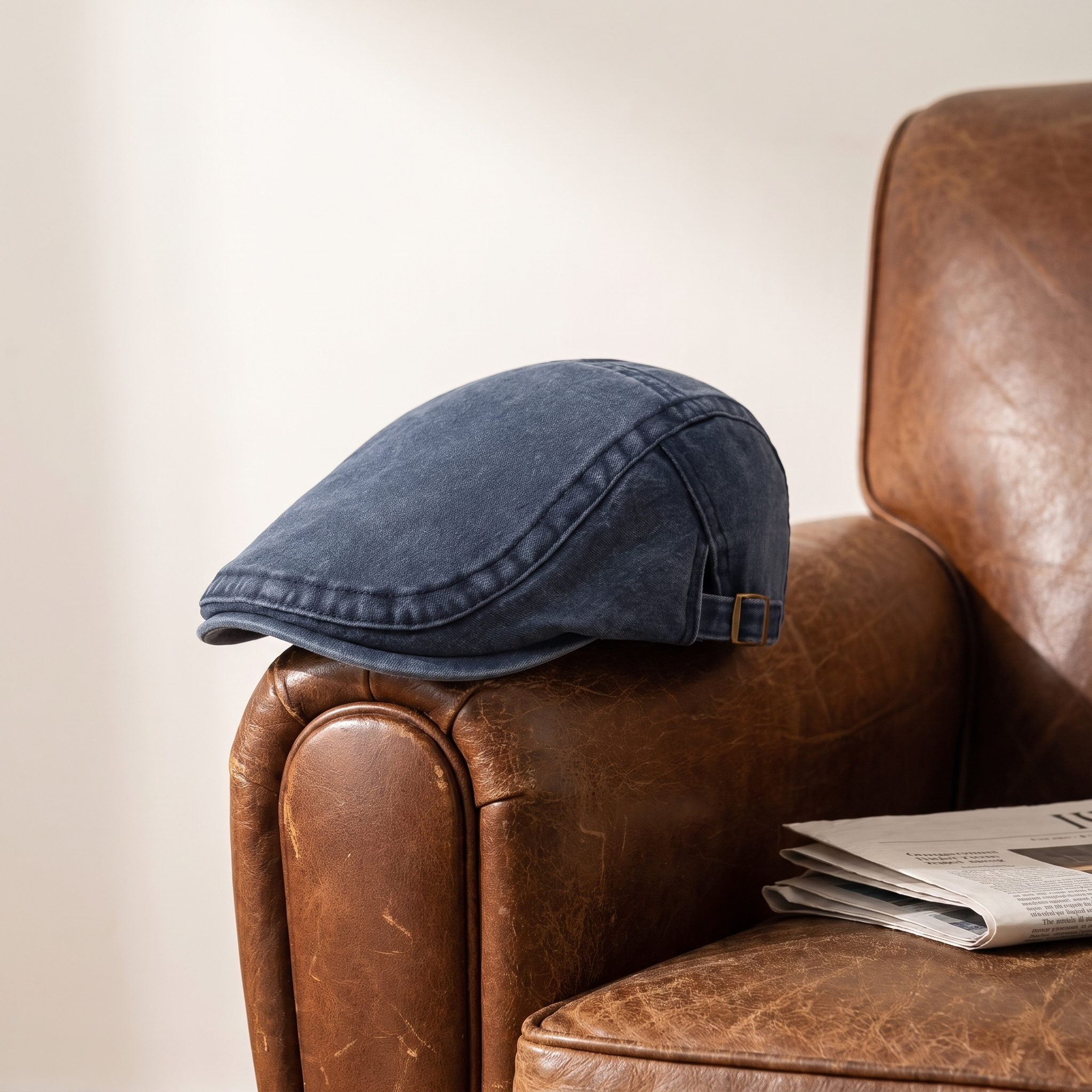 The Harrington flat cap resting on the arm of a worn leather armchair