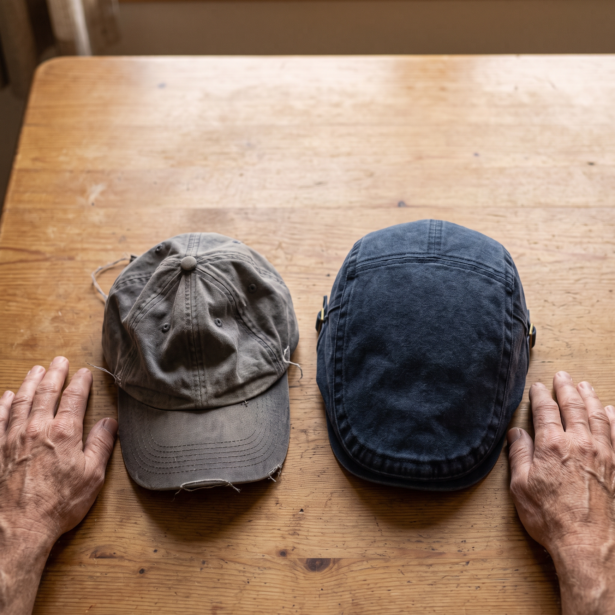 An old worn baseball cap beside the Harrington flat cap on a kitchen table