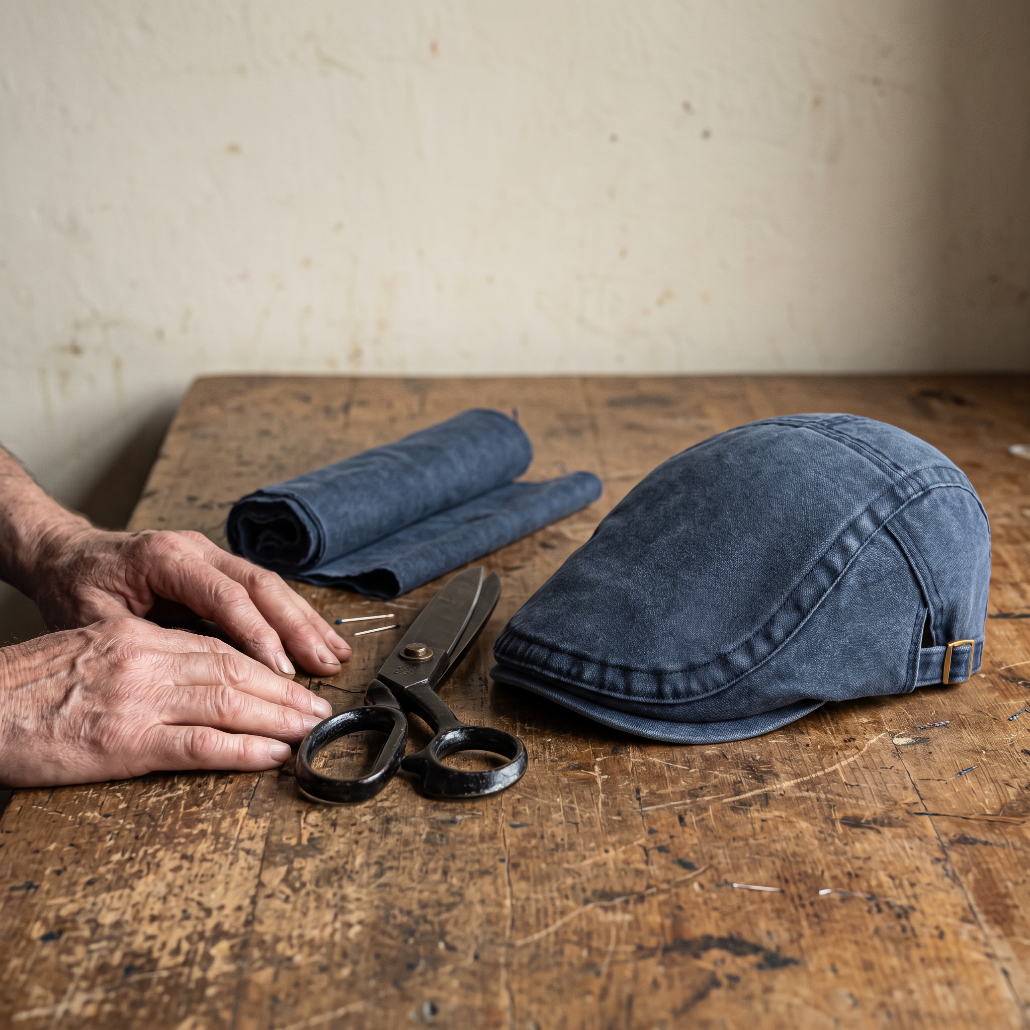 A maker's workbench with the finished cap, tailor's shears and cut cotton cloth