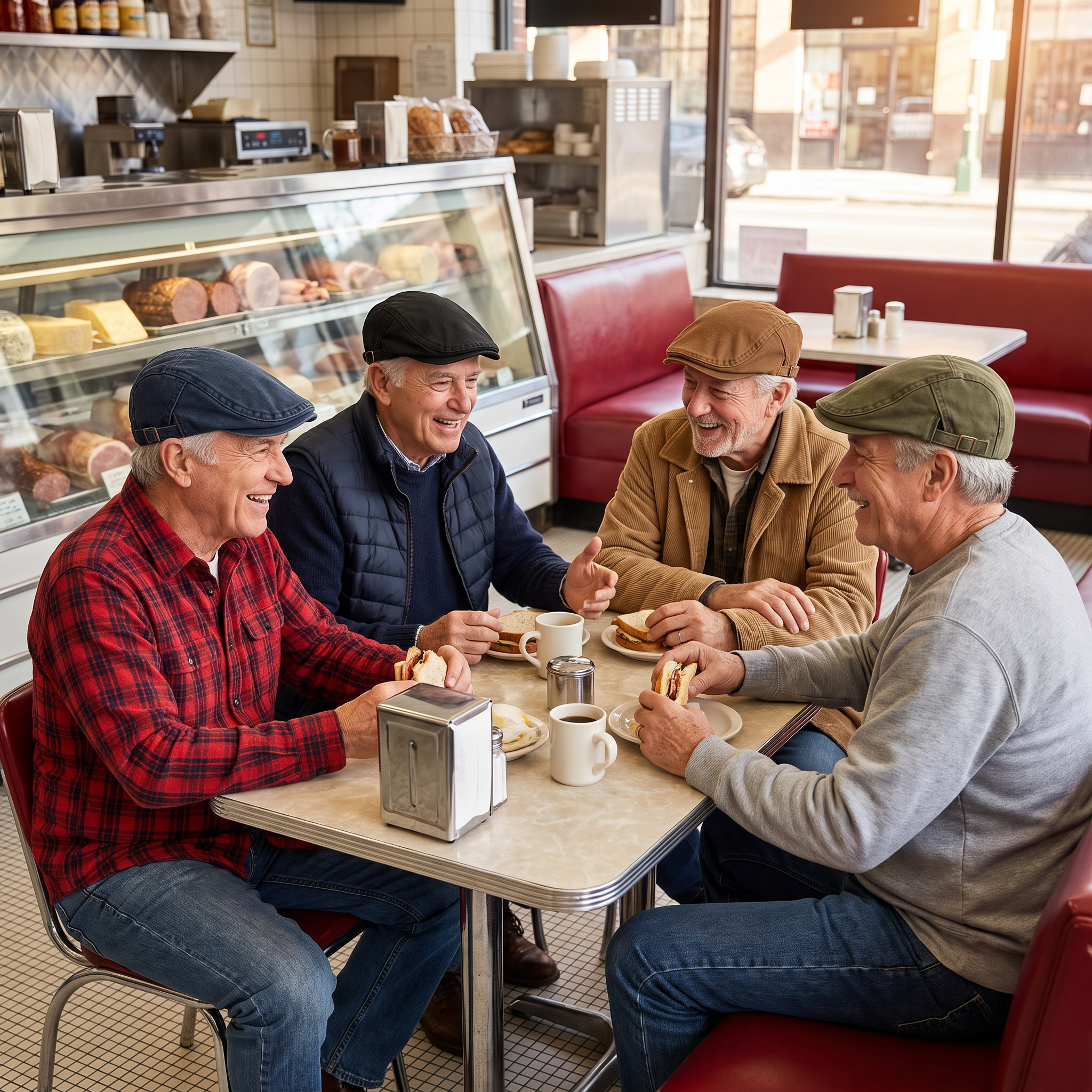 Four men in a American deli, each wearing the same cap in a different colour