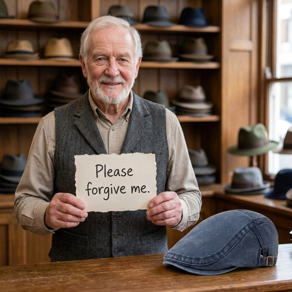 Harry, in the Harrington & Co. Hatters shop, holding a handwritten sign that reads Please forgive me, with the Denim Vintage Cap on the counter beside him