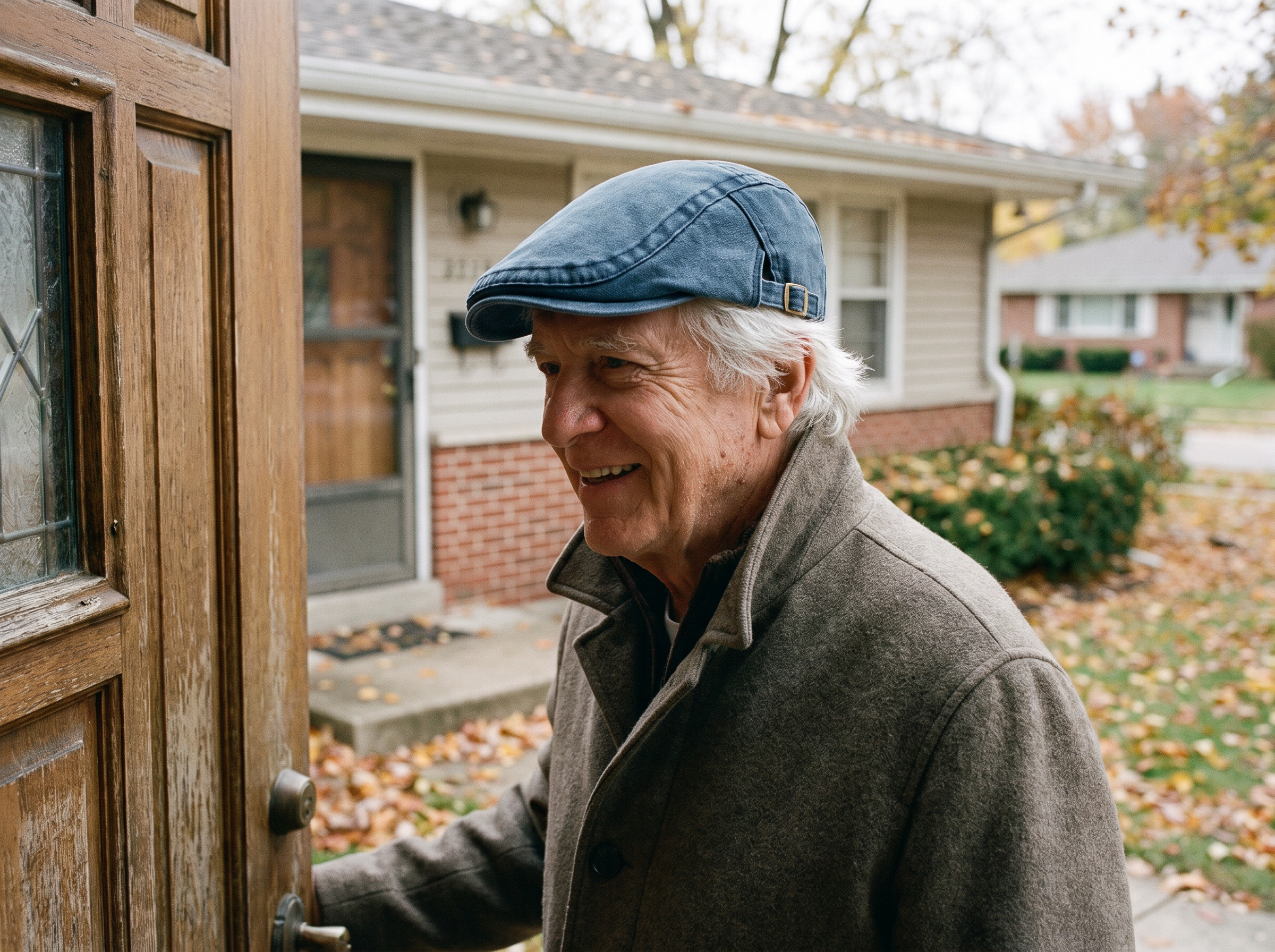 A man in his seventies at his front door in a coat, wearing the denim flat cap