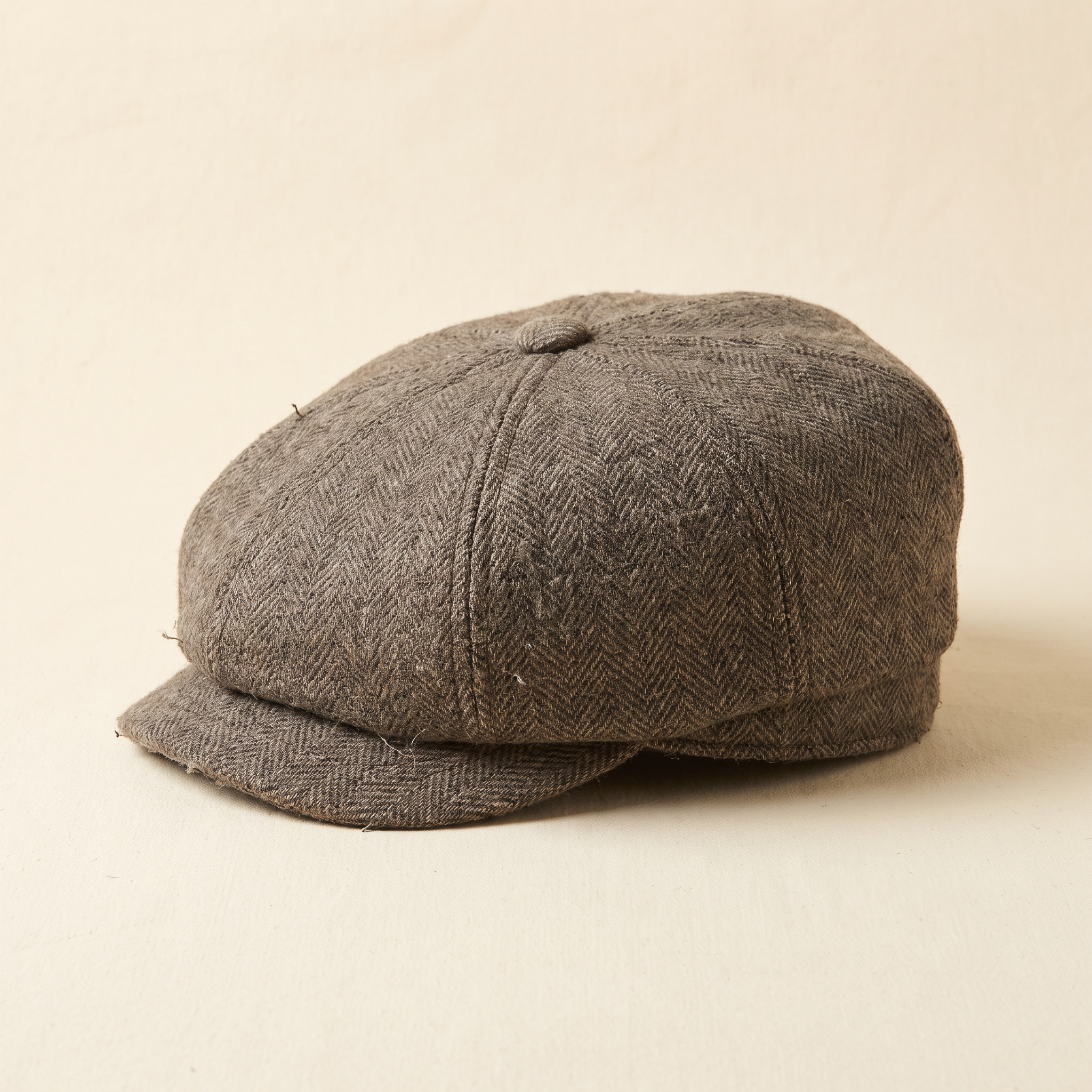 A stiff boxy cheap tweed flat cap
