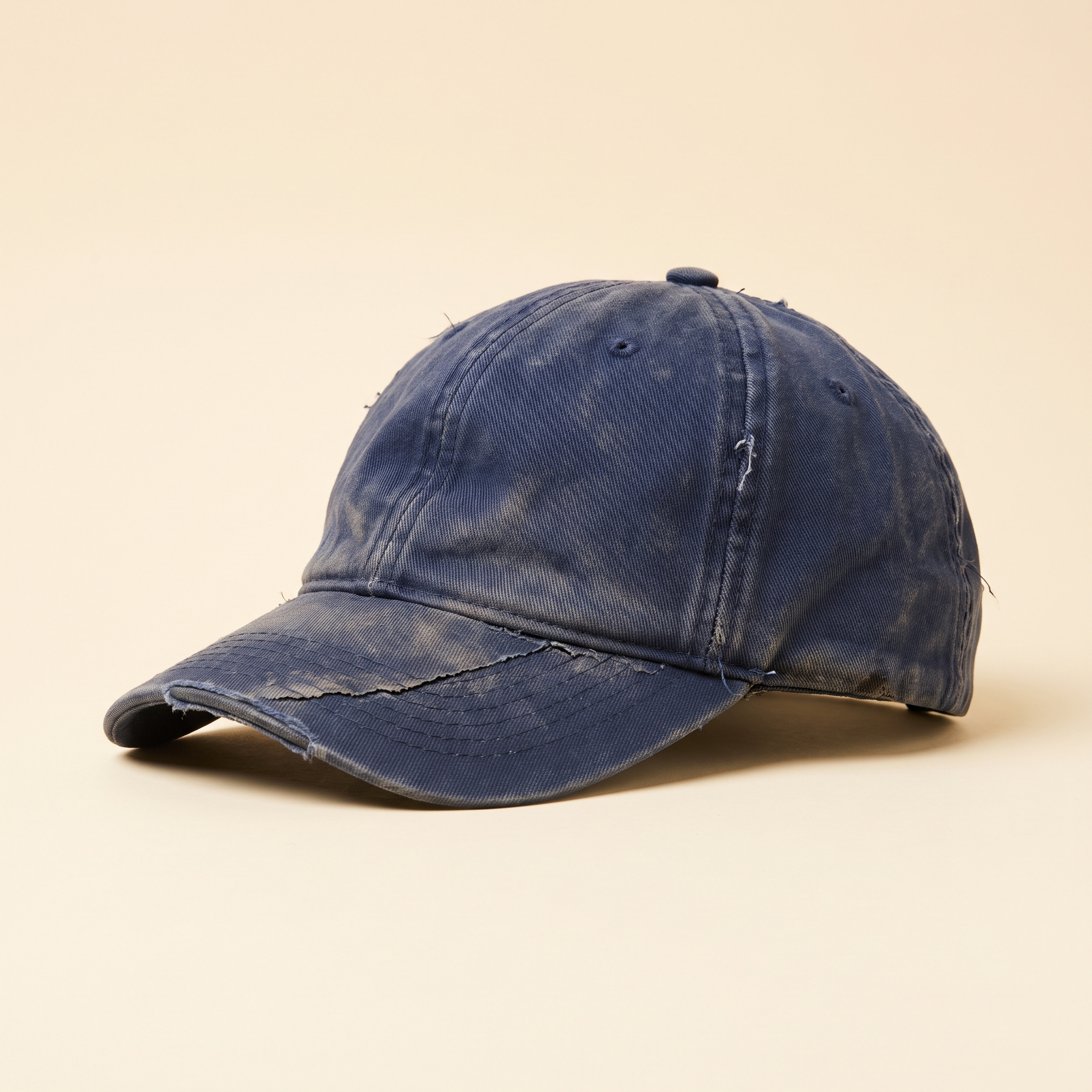 A worn faded navy baseball cap