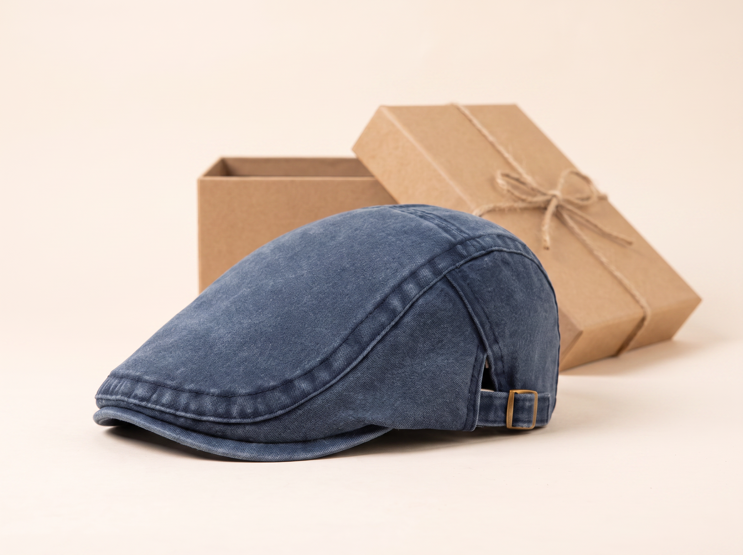 The Denim Vintage Cap in front of a kraft gift box tied with twine