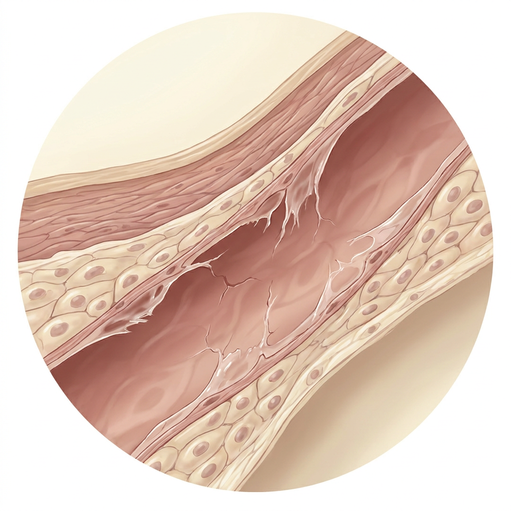 Weakened blood vessel wall showing structural deterioration