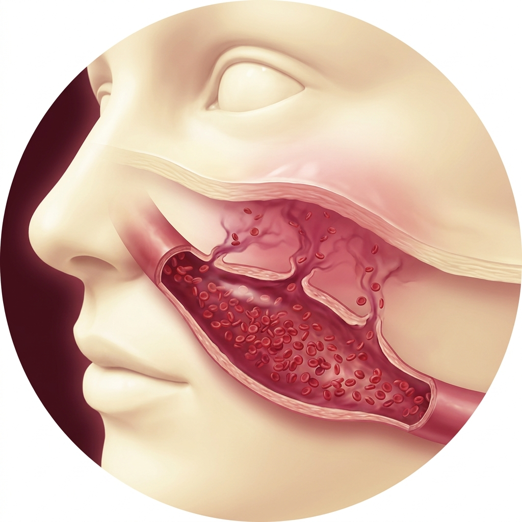 Dilated blood vessel engorged with blood, leaking through weakened wall