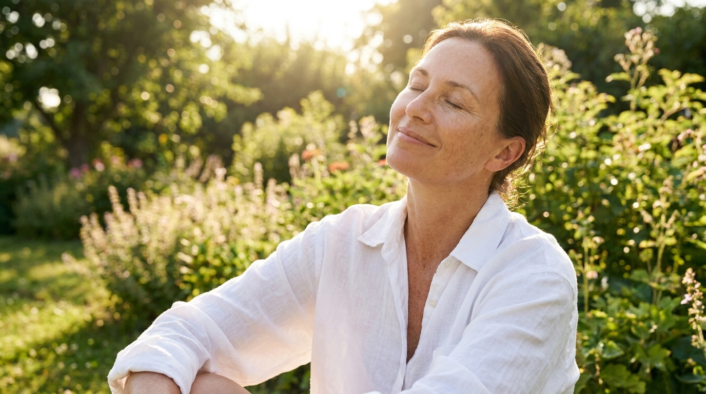 Woman with calm, glowing skin in natural light
