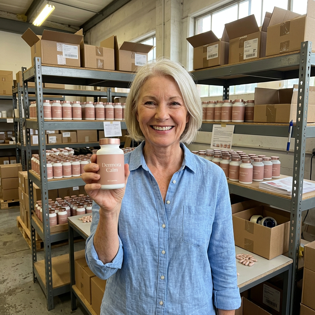 Founder holding Dermora Calm in the warehouse