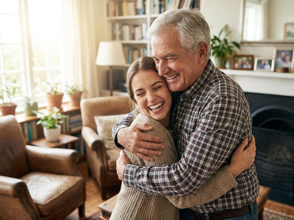 A grandfather hugging his granddaughter, close and at ease
