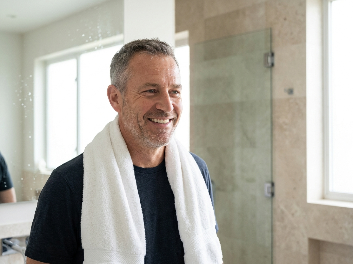 A confident, fresh man after his shower
