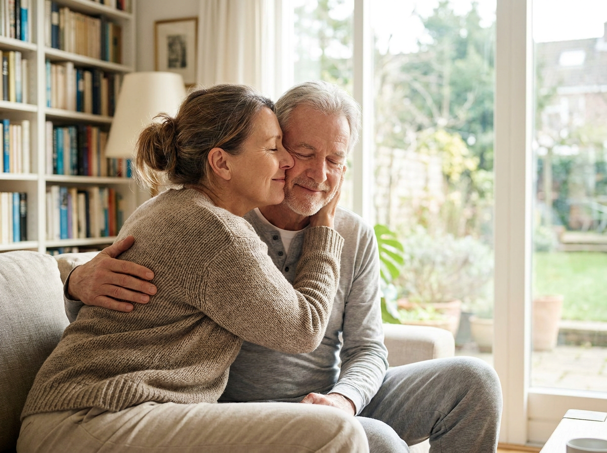 A man wrapped in a warm hug by his wife