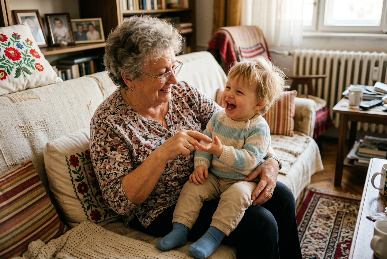Nagymama mondókázik a gyerek tenyerén