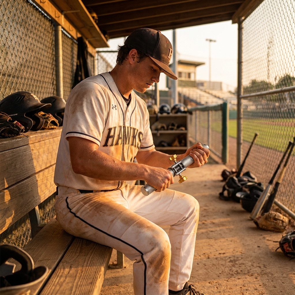 Baseball player using Gripzilla Dynamo in dugout