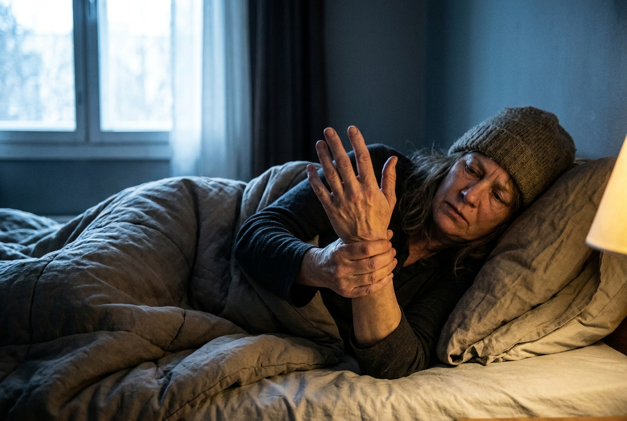 Woman with stiff aching hands in the morning