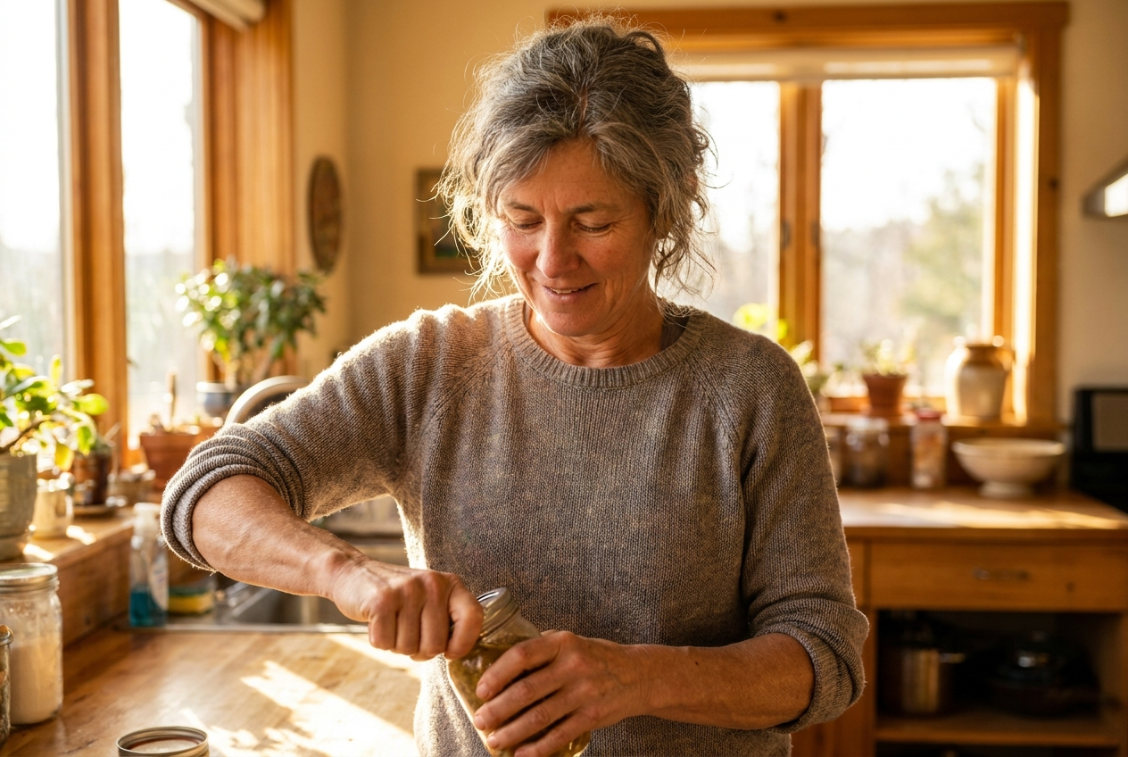 Confident woman opening a jar easily