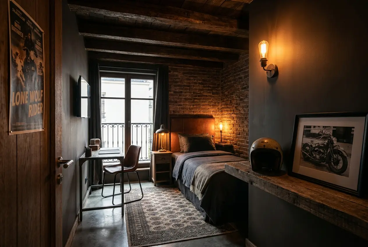 Gemütliches Zimmer mit Holzbalken und Bett