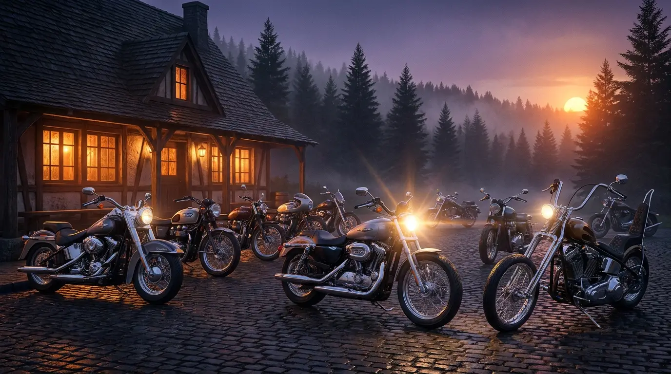Reihe von Motorrädern vor der Silberwolf Biker Bar in Altenhof