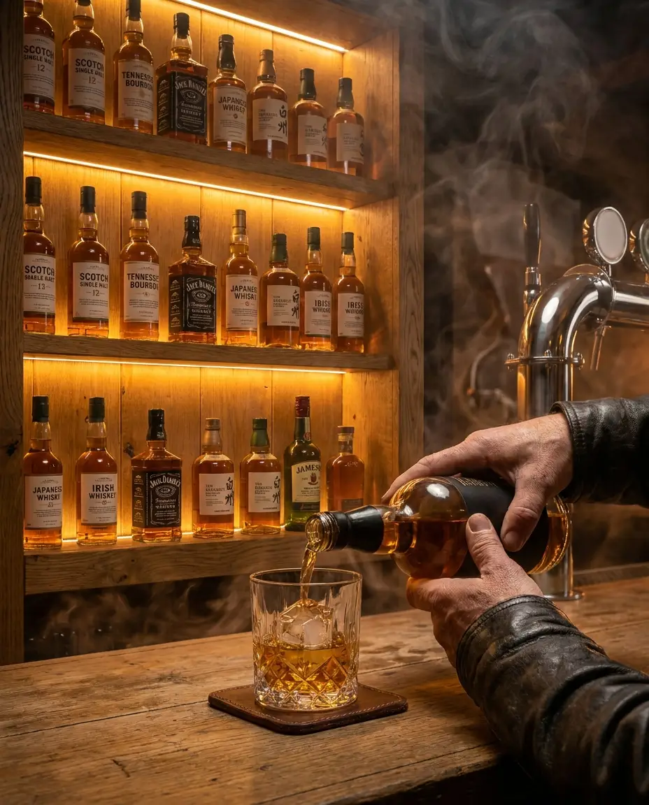 Bar mit Whiskey-Flaschen und warmem Licht