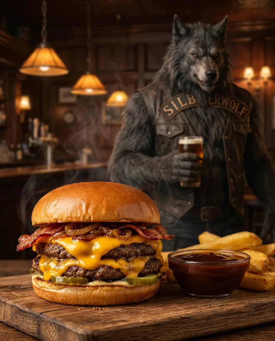 Burger auf Holzbrett in dunkler Bar