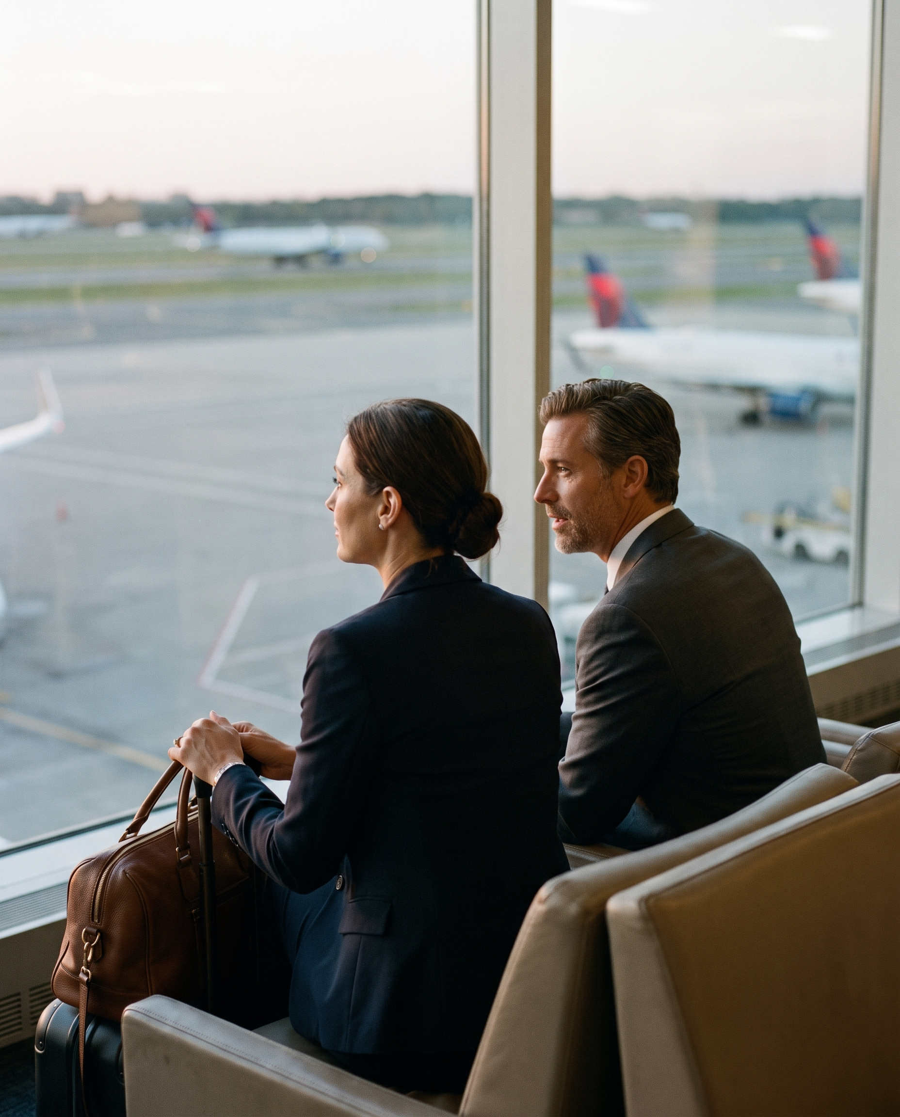 Pareja de viajeros de negocios en un lounge premium al atardecer