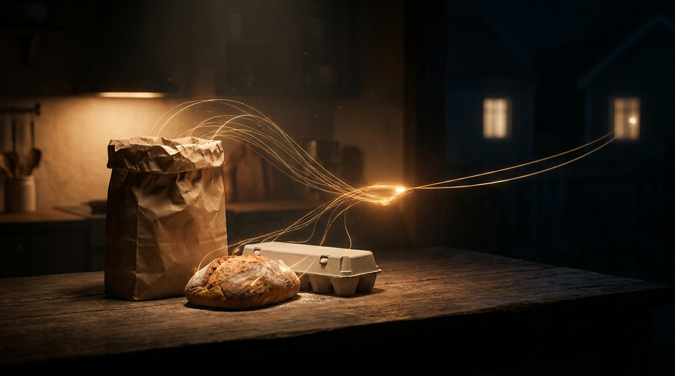 Groceries on a table at night, threads of light lifting from them, gathering, then running out to two lit windows in other homes