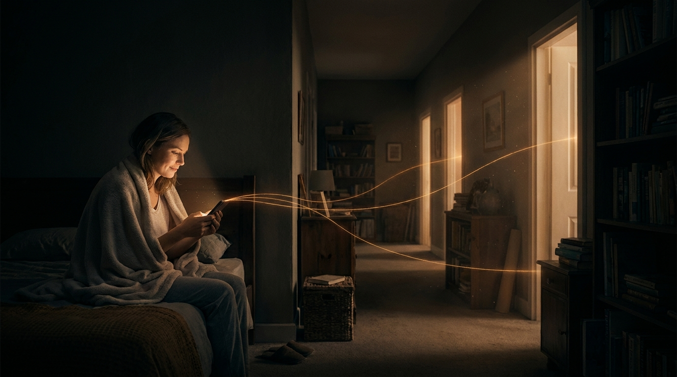 A woman sits on the edge of a bed at night, her face lit by her phone, threads of light travelling out to lit doorways down the hall