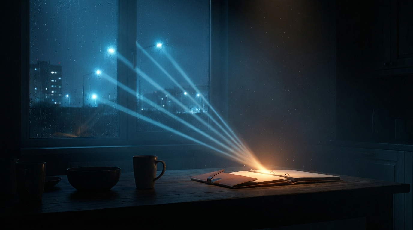 Threads of light streaming in through a dark window from distant buildings and settling into one open folder on a table