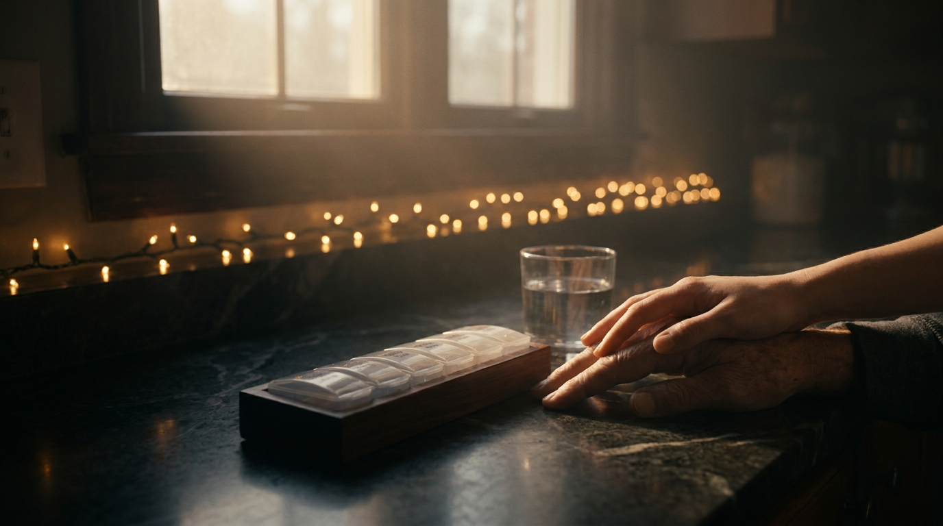 A weekly pill organiser on a counter at dawn beside a long ribbon of light marked by evenly spaced points