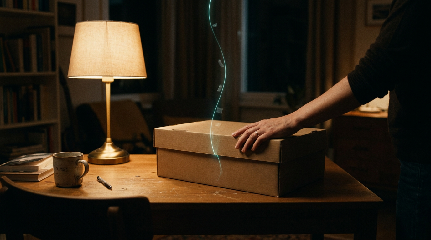 A plain document box on a lamplit desk, a hand resting on the lid, a thread of light carrying records down into it