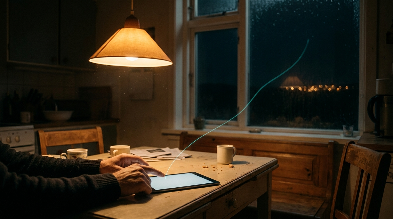 Hands resting on a tablet at a kitchen table, rain on the window, one thread of light rising and travelling out to distant lights