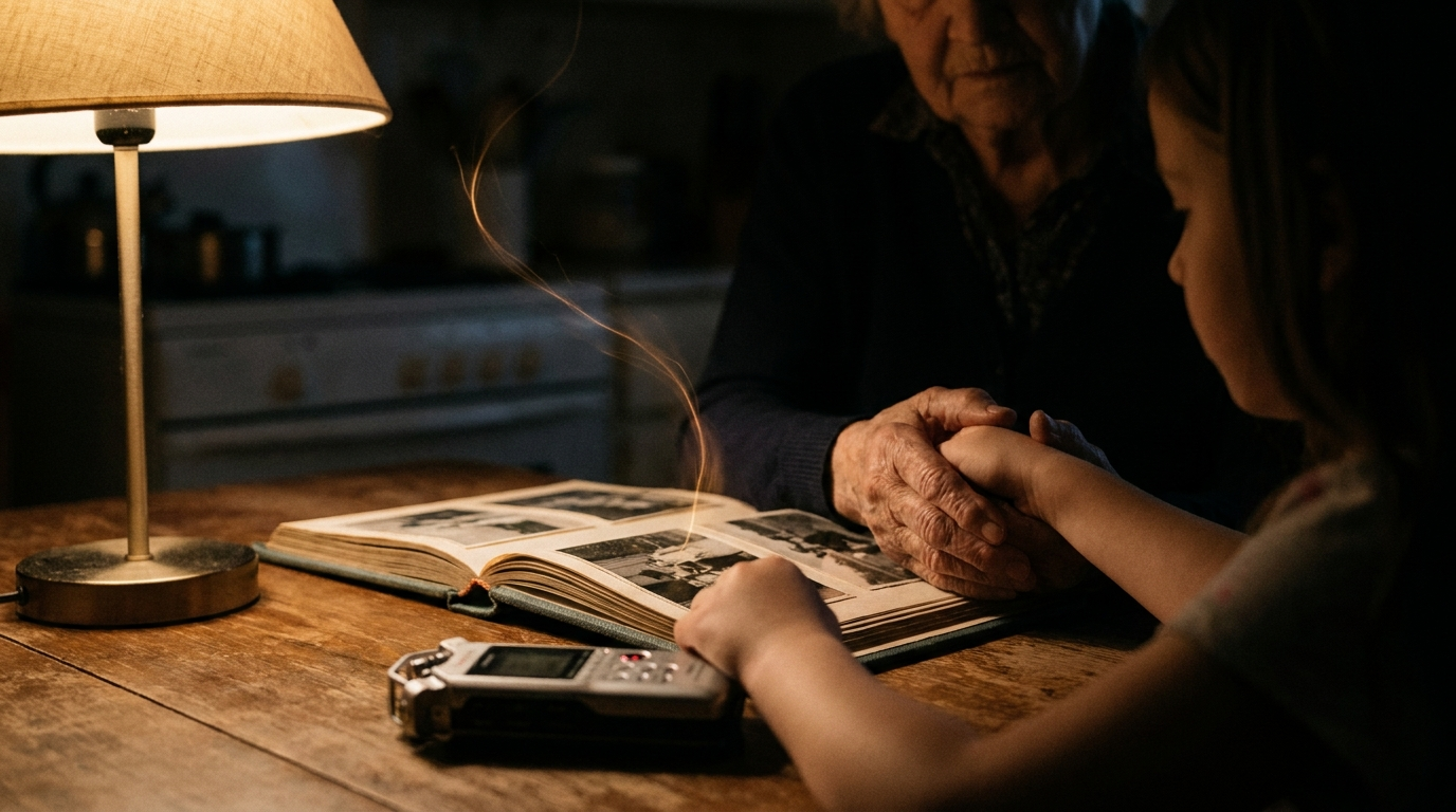 An elderly woman's hands and a child's hands together on an open photo album beside a recorder, one thread of light rising