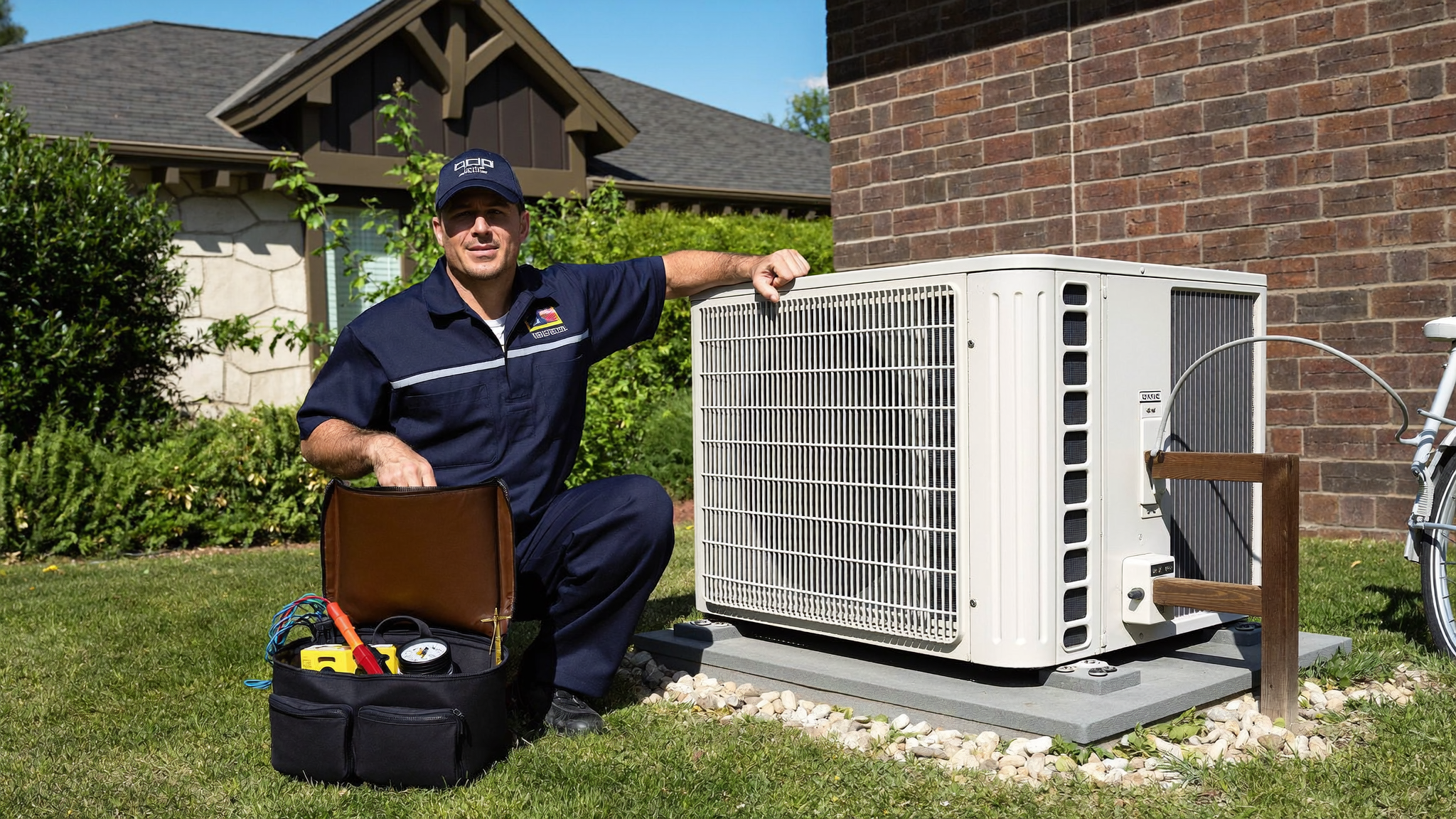 Tech repairing an outdoor AC unit