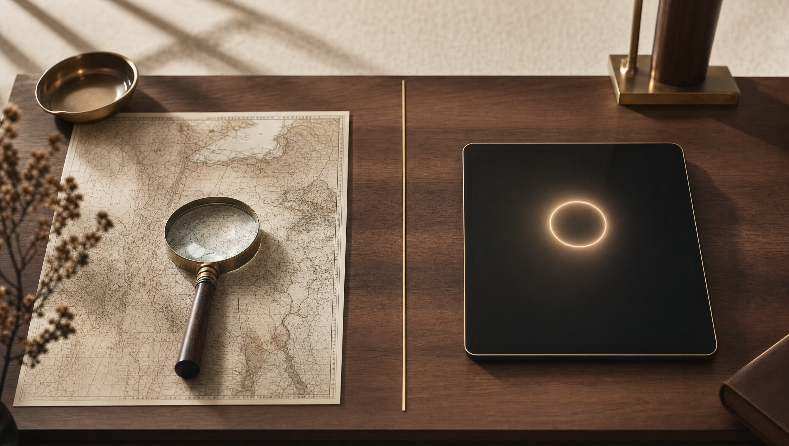 Local SEO vs AEO concept: a vintage map with magnifying glass beside a glowing tablet answer on a luxury walnut desk