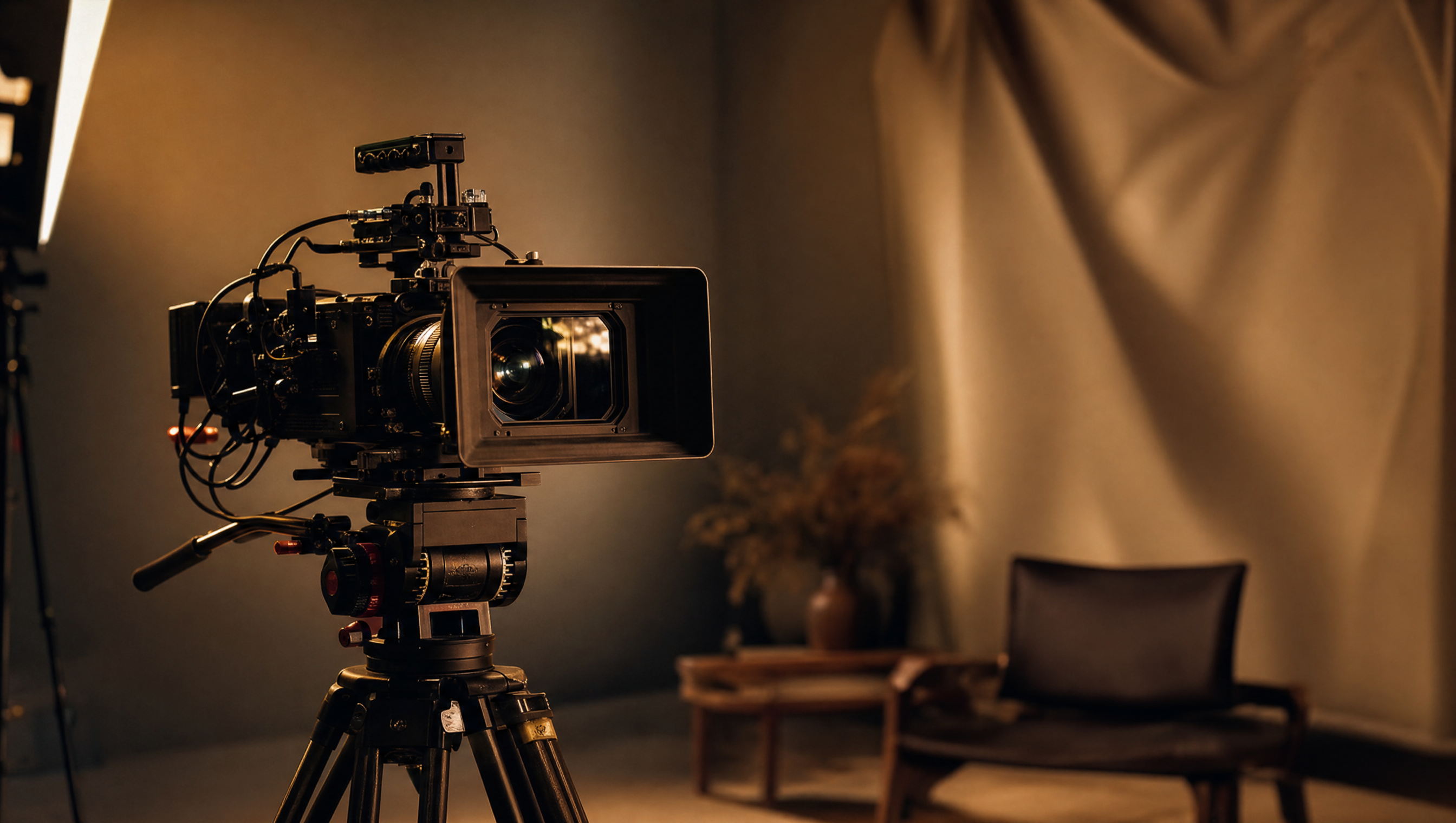 A cinema camera on a tripod in a warm, moody studio, premium film production setup