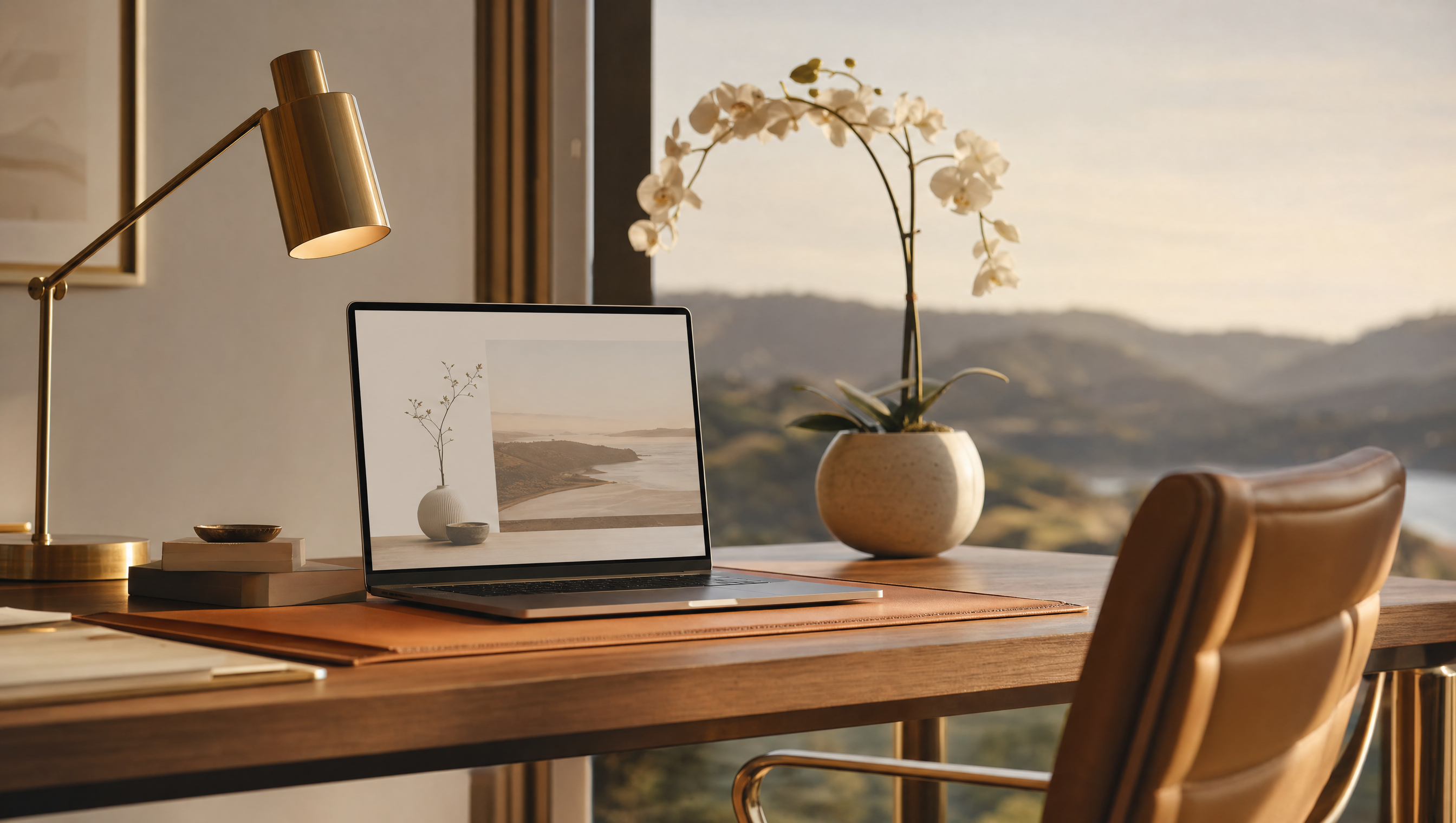 A laptop showing an elegant minimal website on a walnut desk with Marin hills through the window