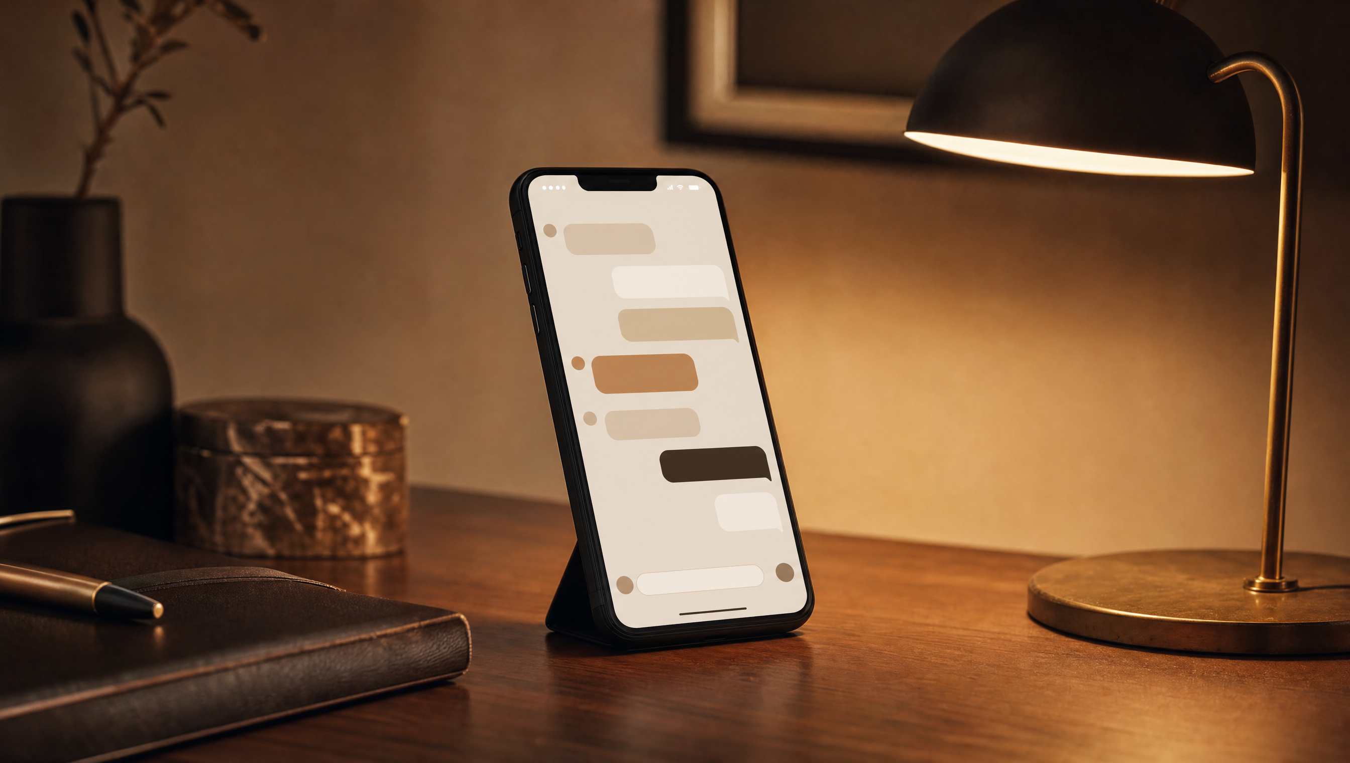 A smartphone glowing with a clean chat interface on a warm walnut desk in evening light
